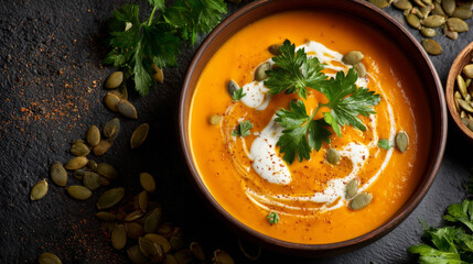 Creamy pumpkin soup garnished with parsley and seeds on dark rustic table