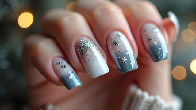 Elegant winter manicure with silver glitter and star details
