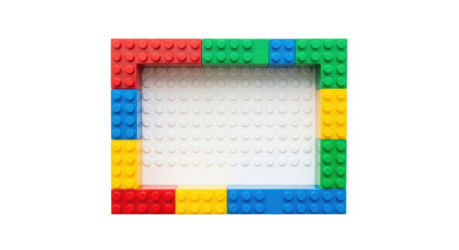 Rectangular frame of vibrant red, blue, green, yellow interlocking plastic blocks, precisely aligned on a textured white background with copy space, top-down view, concept of strategic planning