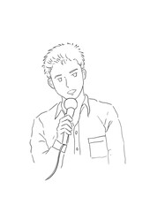 Confident young speaker delivering keynote address with microphone, perfect for presentations, podcasts, or public speaking content, modern and professional