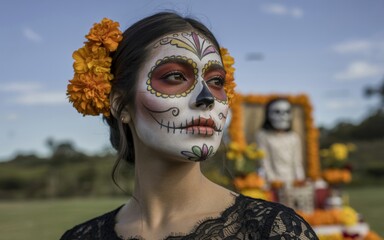 Young woman with festive face paint and flowers celebrates a cultural tradition with reverence and beauty.