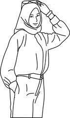 Stylized line art of a confident woman in a hijab and casual outfit, perfect for fashion blogs, modest fashion campaigns, or contemporary design projects