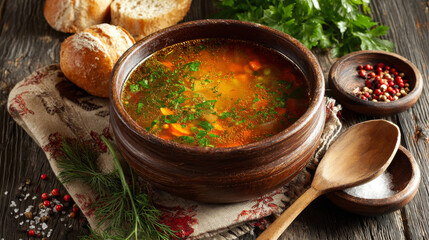 Warm bowl of homemade vegetable soup with fresh herbs on a rustic table