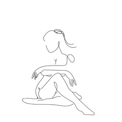 Elegant minimalist line art drawing of a seated woman, graceful contour illustration for modern design projects, simple and artistic female figure portrayal