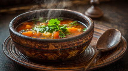 Warm bowl of homemade vegetable soup with fresh herbs on a rustic table