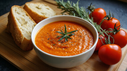 Delicious creamy tomato soup with spoon and bread on the side