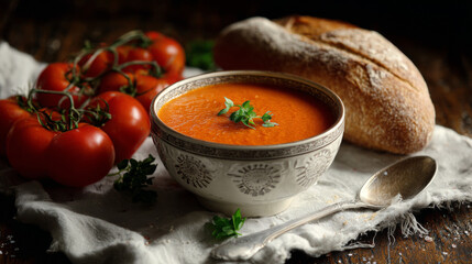 Delicious creamy tomato soup with spoon and bread on the side