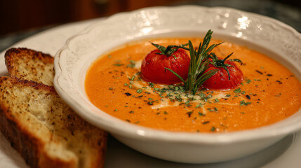 Delicious creamy tomato soup with spoon and bread on the side