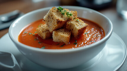 Bowl of tomato soup topped with crunchy croutons on a rustic wooden table