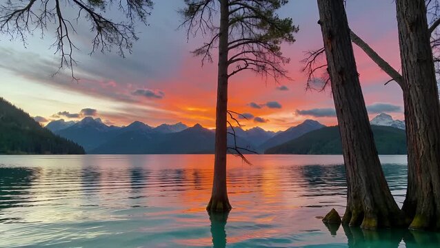 Spectacular Panorama of a Chromatic Dusk Throwing Tints Across a Calm Body of Water with Faraway Peaks on the