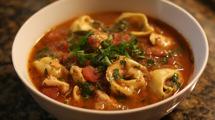 Warm bowl of homemade traditional chicken tortellini soup with fresh herbs and vegetables on a rustic wooden table