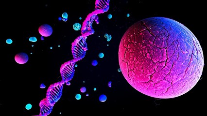 Abstract illustration of DNA strands and cell structure on a dark background