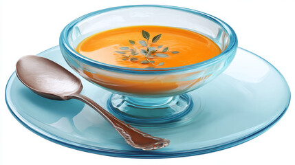 Bowl of soup served on blue background with spoon and plate stand