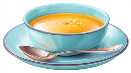 Bowl of soup served on blue background with spoon and plate stand