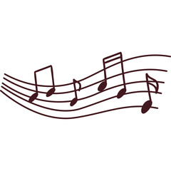 Musical Notes Flowing on Staff Lines Simple Line Art Illustration in Dark Red on Transparent Background