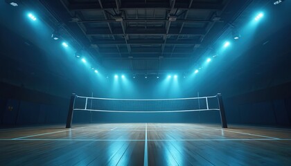 Illustration of a volleyball court under bright spotlights. Empty arena shows the net ready for game play. Dark moody blue color grading used to create atmosphere and highlight the sport.