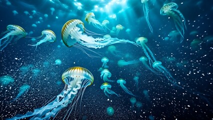 Underwater scene with luminous jellyfish swimming in deep ocean water