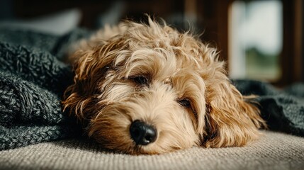 Adorable fluffy dog resting on a cozy blanket in warm sunlight, capturing a peaceful and relaxed indoor moment