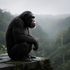 Naklejka premium Pensive chimpanzee sitting on a stone ledge overlooking a misty jungle