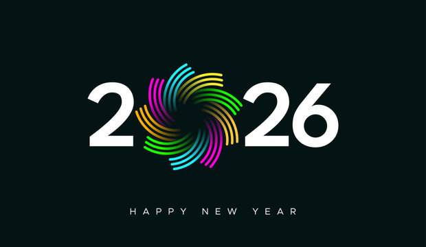 2026 Happy New Year vector typography with colorful spiral or technology lines between digits or numbers, vibrant festival layout and modern typography with colorful flower design on black background - Powered by Adobe
