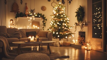 Gemütliches weihnachtliches Wohnzimmer mit Weihnachtsbaum und warmen Lichtern
