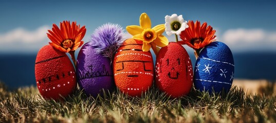 Five vibrantly painted Easter eggs decorated with flowers sit nestled in spring grass, celebrating the arrival of spring