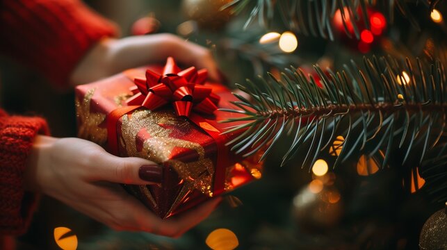 H&auml;nde halten Weihnachtsgeschenk unter festlich geschm&uuml;cktem Weihnachtsbaum mit gem&uuml;tlichen Lichtern