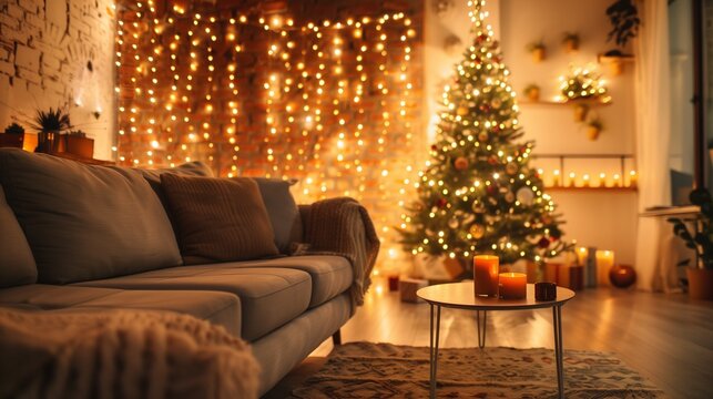 Weihnachtlich geschm&uuml;cktes Wohnzimmer mit warmen Lichterketten und Weihnachtsbaum