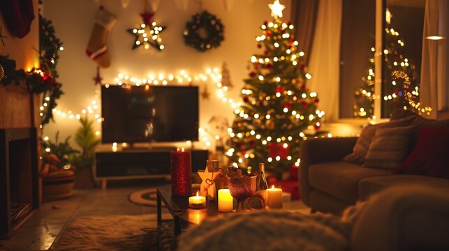 Weihnachtsbaum in gem&uuml;tlich geschm&uuml;cktem Wohnzimmer mit gem&uuml;tlicher Stimmung
