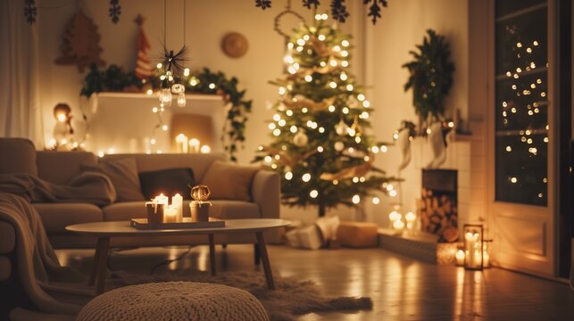 Gem&uuml;tliches weihnachtliches Wohnzimmer mit Weihnachtsbaum und warmen Lichtern