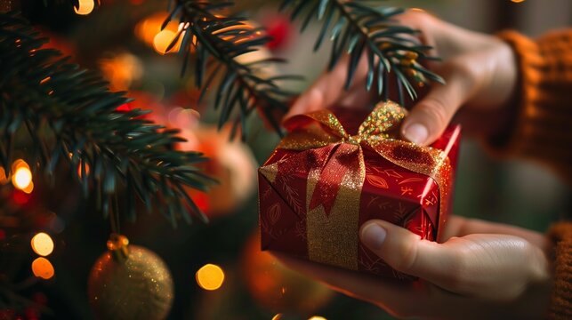 H&auml;nde halten kleines Weihnachtsgeschenk unter Zweig eines geschm&uuml;ckten Weihnachtsbaumes in gem&uuml;tlicher Stimmung
