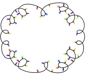 Glowing fairy lights garland Christmas decoration. Xmas lights frame isolated on transparent background. Round frame for Christmas design.