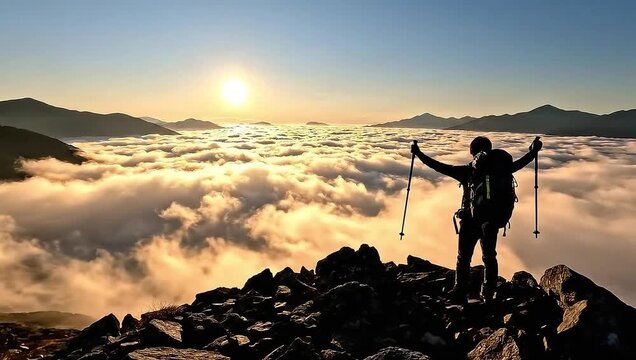 Stunning mountain peak vista with hiker watching cloud inversion