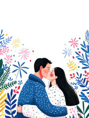 Loving couple in cozy sweaters kissing under winter fireworks. Warm and joyful illustration celebrating love and togetherness