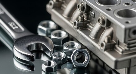 Close-up view of mechanical components including engine part wrench and nuts showcasing precision engineering and