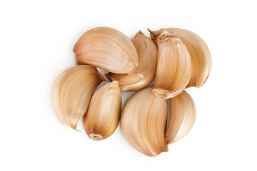 garlic cloves isolated on white background close up. Top view. Flat lay.