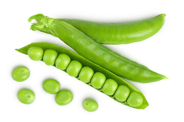 Fresh green pea pod with beans isolated on white background. Top view. Flat lay