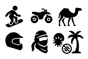 Desert Sports Icons. Solid style icons of Desert Sports: Sandboard, ATV, Dune Buggy, Camel, Helmet, Scarf, Sun, Palm Tree, No text