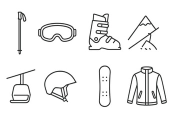 Skiing Essentials Icons. Line style icons of Skiing: Ski Pole, Goggles, Ski Boot, Mountain Slope, Ski Lift, Helmet, Snowboard, Ski