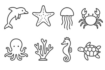 Fototapeta premium Marine Icons Collection. Line style icons of Marine biology: dolphin, starfish, jellyfish, crab, octopus, coral, seahorse, turtle,