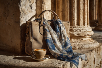 Zamszowa torebka shopper, jedwabna chusta z niebieskim wzorem i kawa na tle antycznych kolumn. Elegancja i klasyka w ciepłych, popołudniowych promieniach słońca.