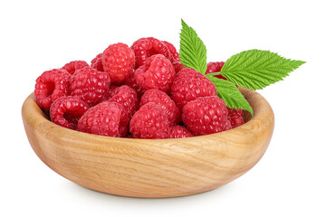 Ripe raspberries in wooden bowl isolated on a white background