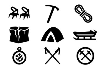 Fototapeta premium Glacier Exploration Icons. Solid style icons of Glacier Exploration: Crampons, Ice Axe, Rope, Frozen Crevasse, Expedition Tent,