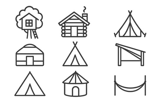 Forest Shelter Icons. Line style icons of Forest shelters: treehouse, log cabin, tent, lean-to, yurt, teepee, hut, hammock, No