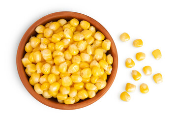 Naklejka na ściany i meble corn seeds in ceramic bowl isolated on white background. Top view. Flat lay