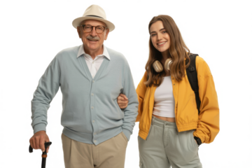 Teenage girl posing next to her grandfather 
