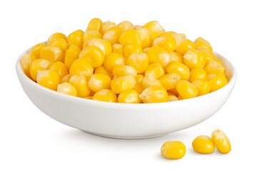 corn seeds in ceramic bowl isolated on white background with full depth of field