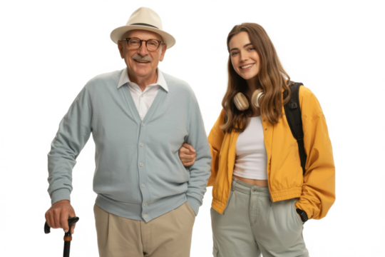Teenage girl posing next to her grandfather