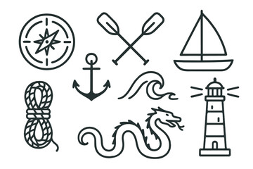 Seafaring Line Icons. Line style icons of Seafaring: compass, anchor, oars, sail, rope coil, wave, sea serpent, lighthouse, No