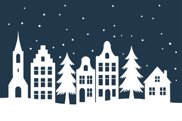 Christmas Winter Village Silhouette Border with Traditional Dutch Houses 